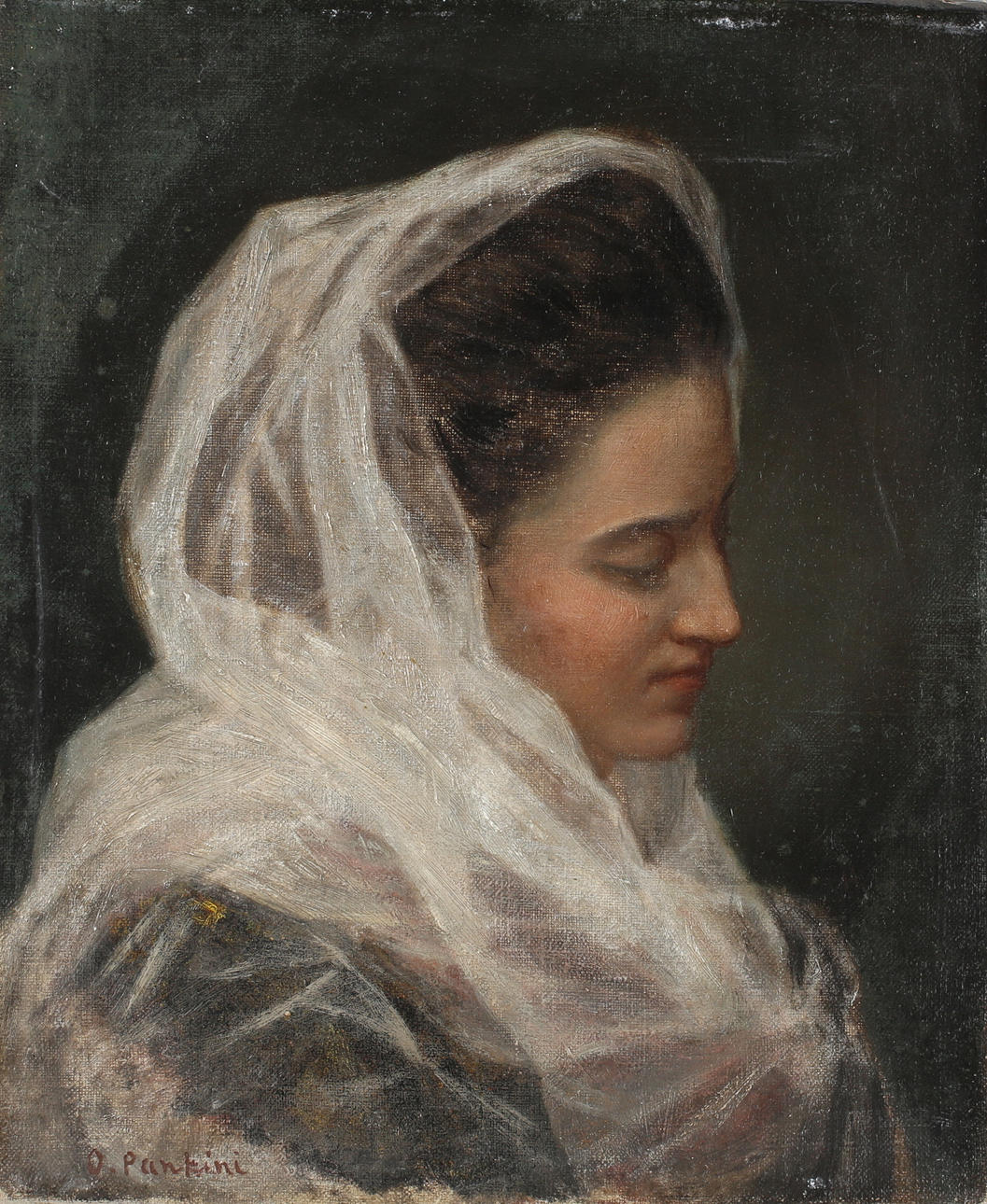 OIDENTIFIERAD KONSTNÄR. Porträtt av ung kvinna, olja på duk, signerad O Pankini, 1800-tal.