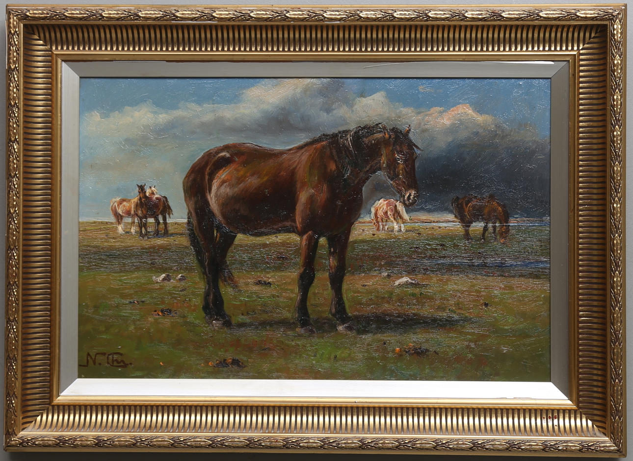 NIELS CHRISTIANSEN. Danmark. Betande hästar. Olja på pannå. Signerad N.Ch.