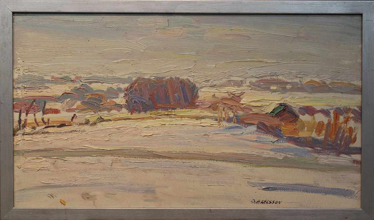 OLLE AXELSSON. Vinterlandskap. Olja på pannå. Signerad O Axelsson.