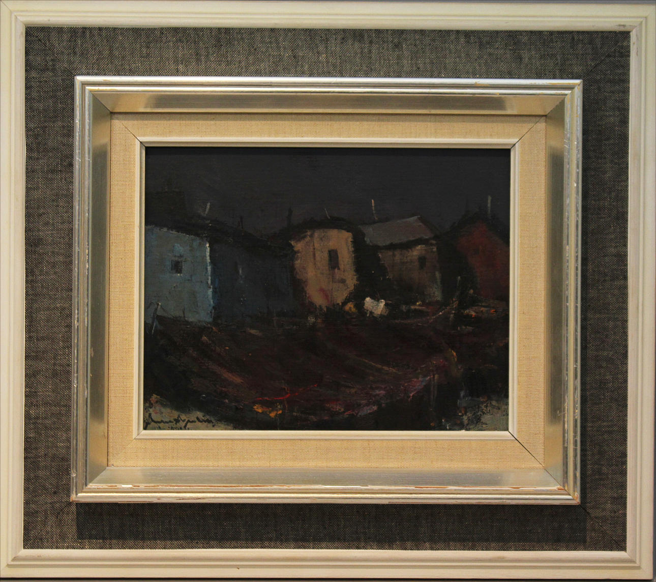 ARNE ASPELIN. Fiskebodar i kvällsljus. Olja på pannå. Signerad.