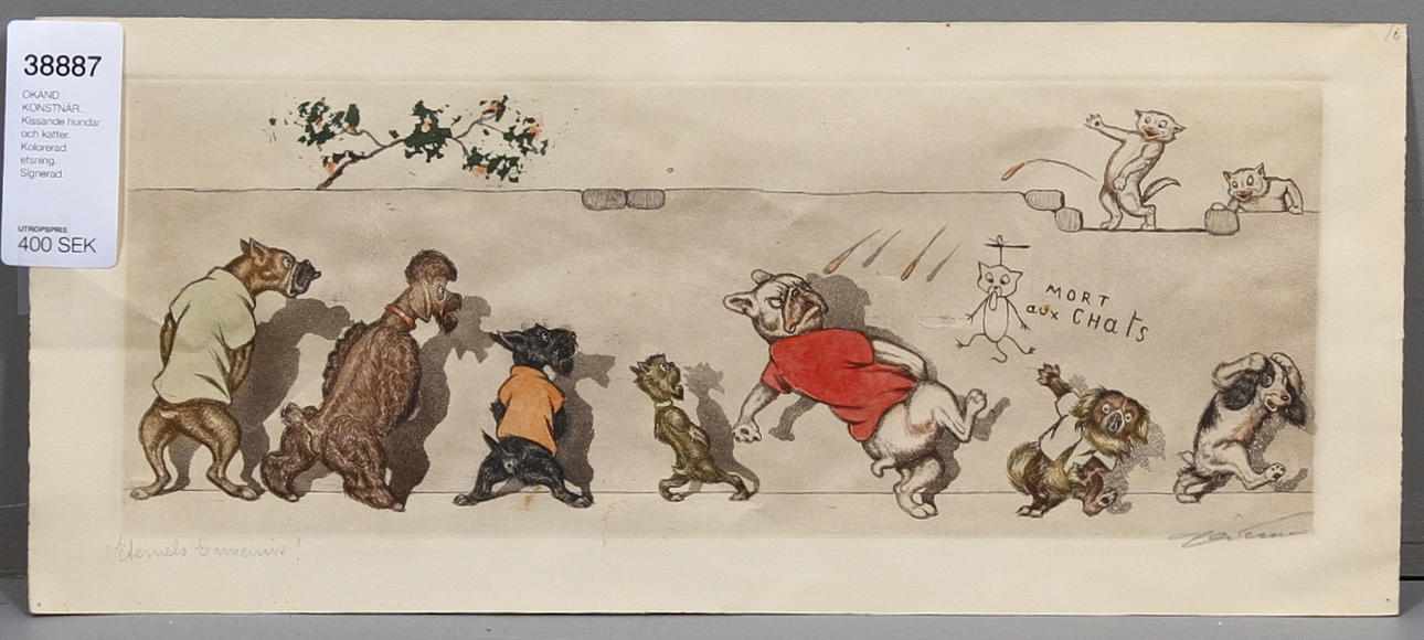 OKÄND KONSTNÄR. Kissande hundar och katter. Kolorerad etsning. Signerad.
