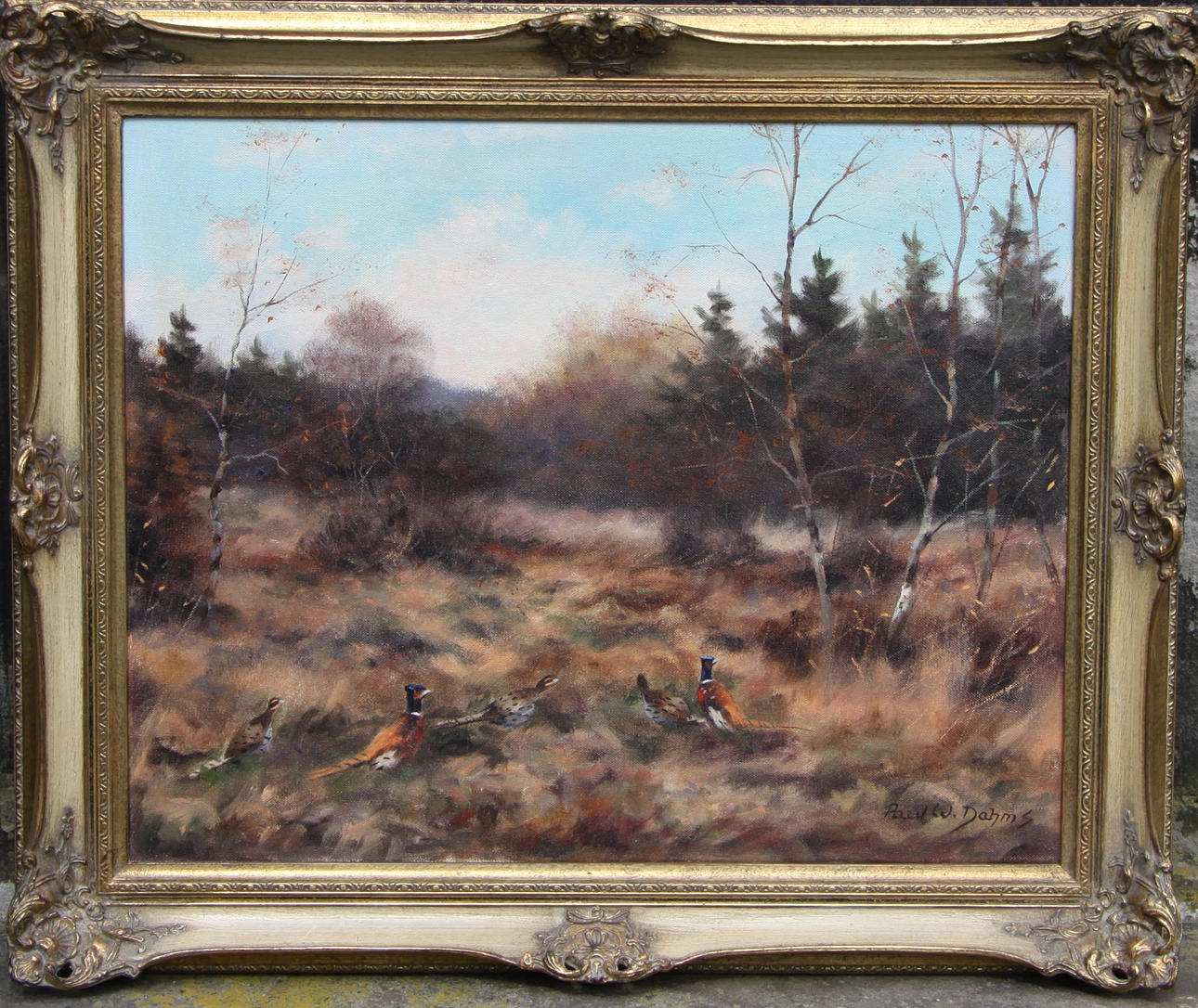 PAUL W. DAHMS. hedmark landskap med fasaner.