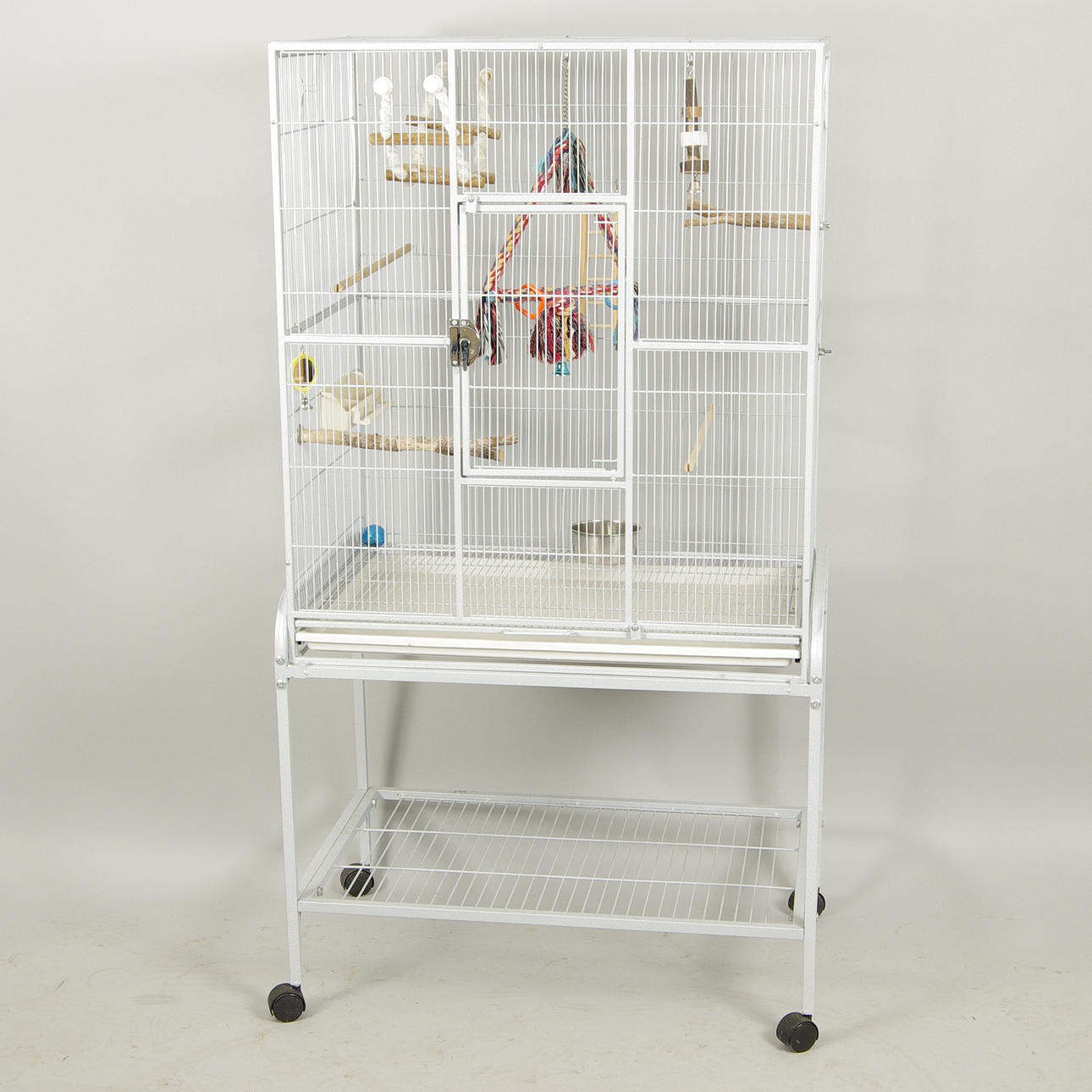 FÅGELBUR med underrede och tillbehör.