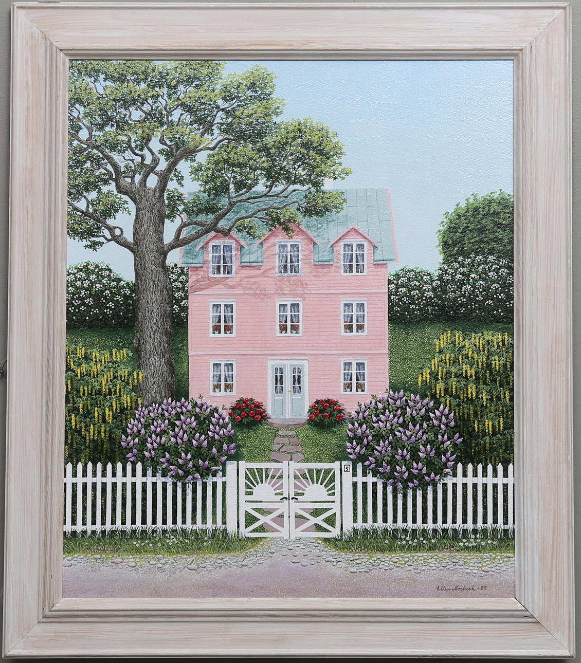 ELLEN NORBECK. "Mitt rosa drömhus". Olja på pannå, signerad -83.