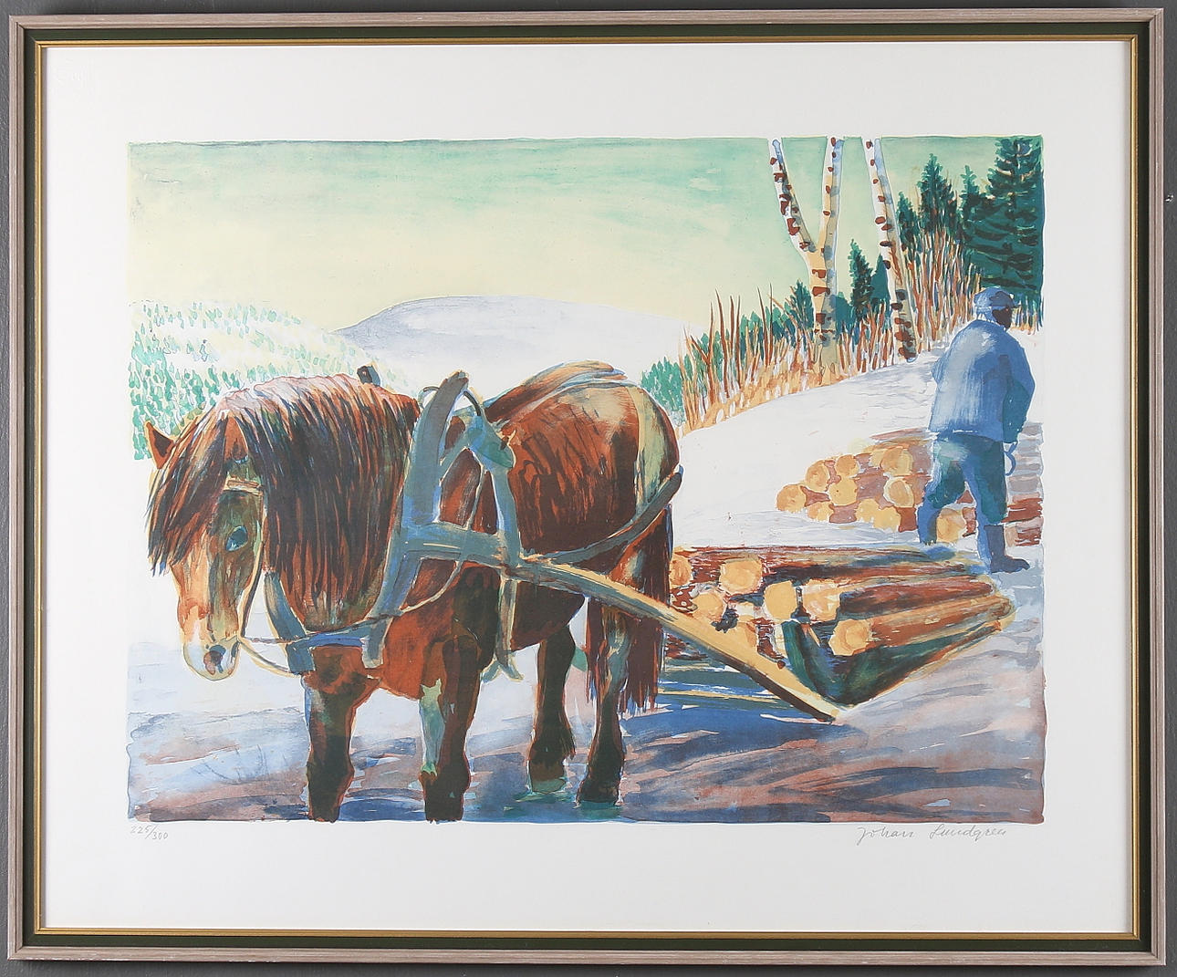 JOHAN LUNDGREN. Häst med timmersläde, färglitografi, signerad och numrerad 225/300.