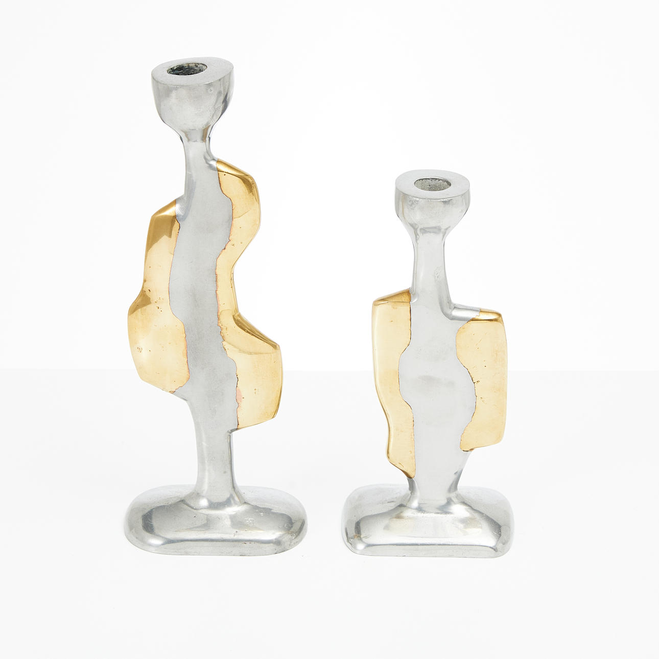 DAVID MARSHALL. A set of 2 brass and pewter candlesticks, Spain, marked.