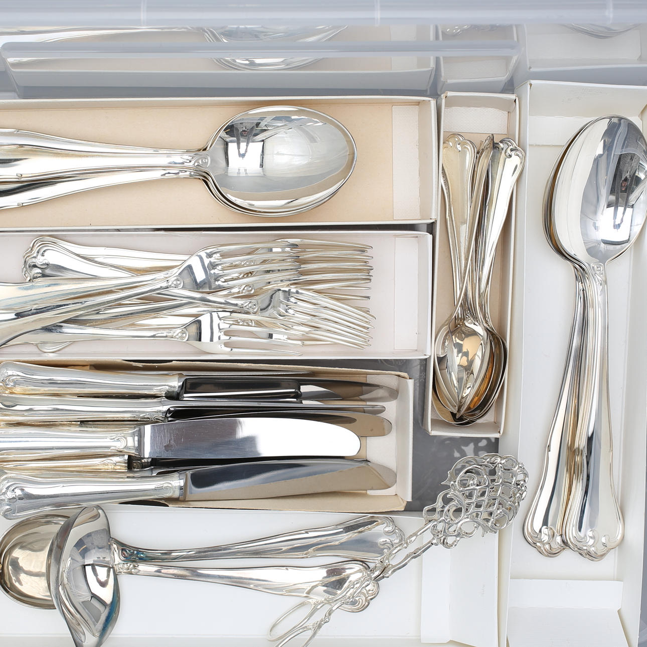 BESTICKSET, 49 delar, "Symfoni", MEMA, samt kaktång, silver, totalvikt 1788 gram.