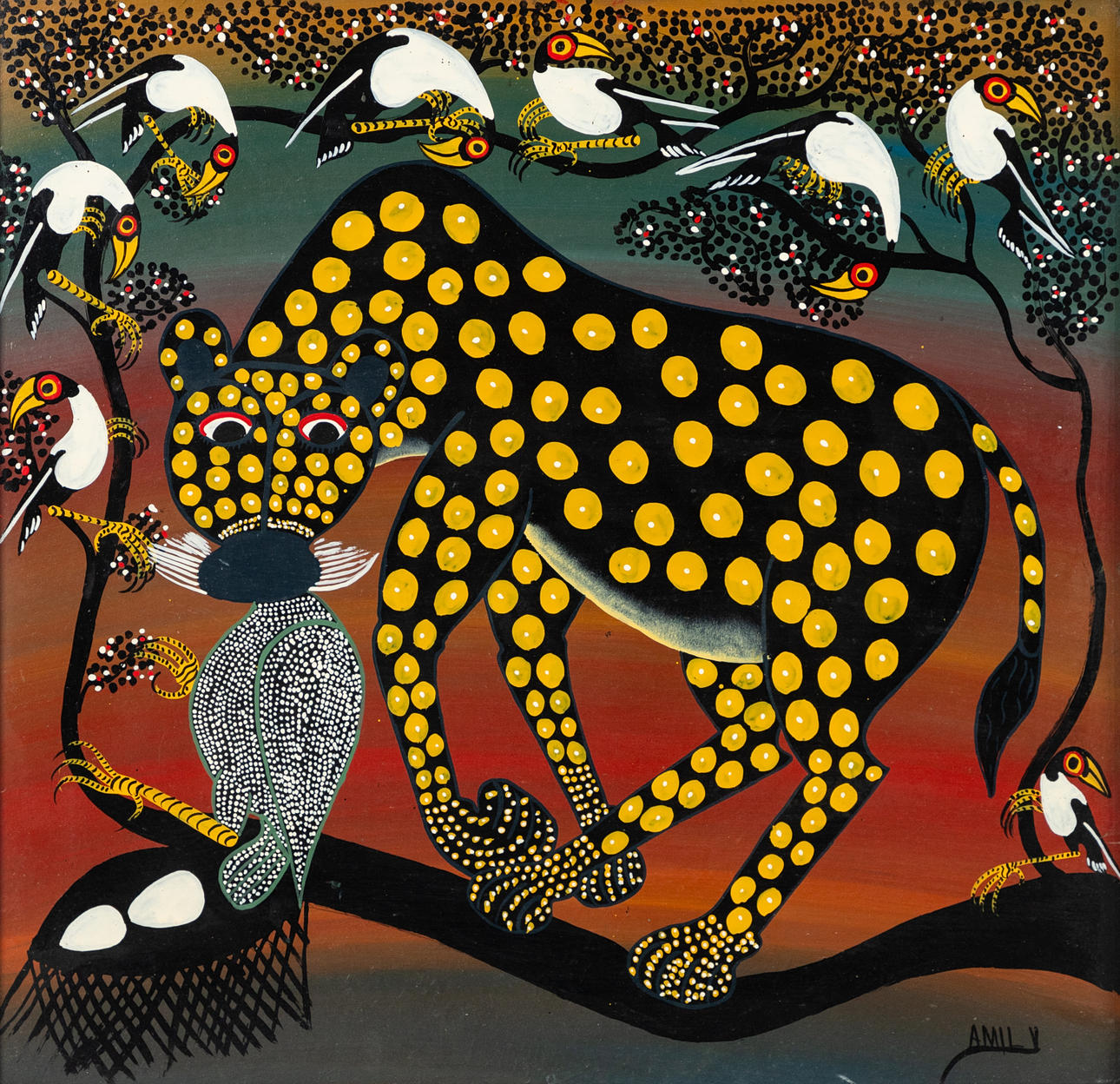 AMILY. Leopardi syö lintuja.