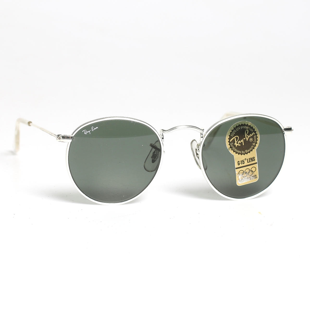 SOLGLASÖGON, Ray Ban, "Round Metal Silver 47/20", B&L, USA. 1990-tal.