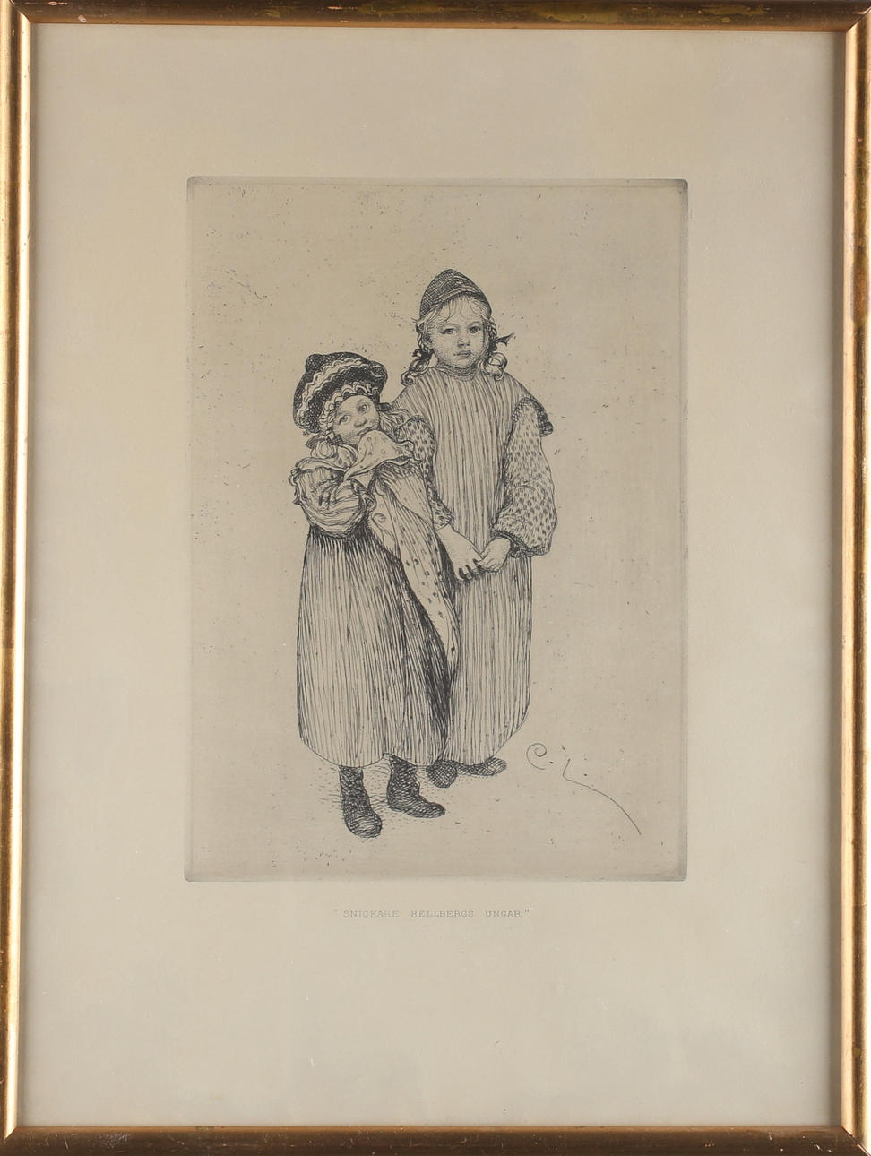 CARL LARSSON. "Snickare Hellbergs ungar", etsning, signerad i plåten.