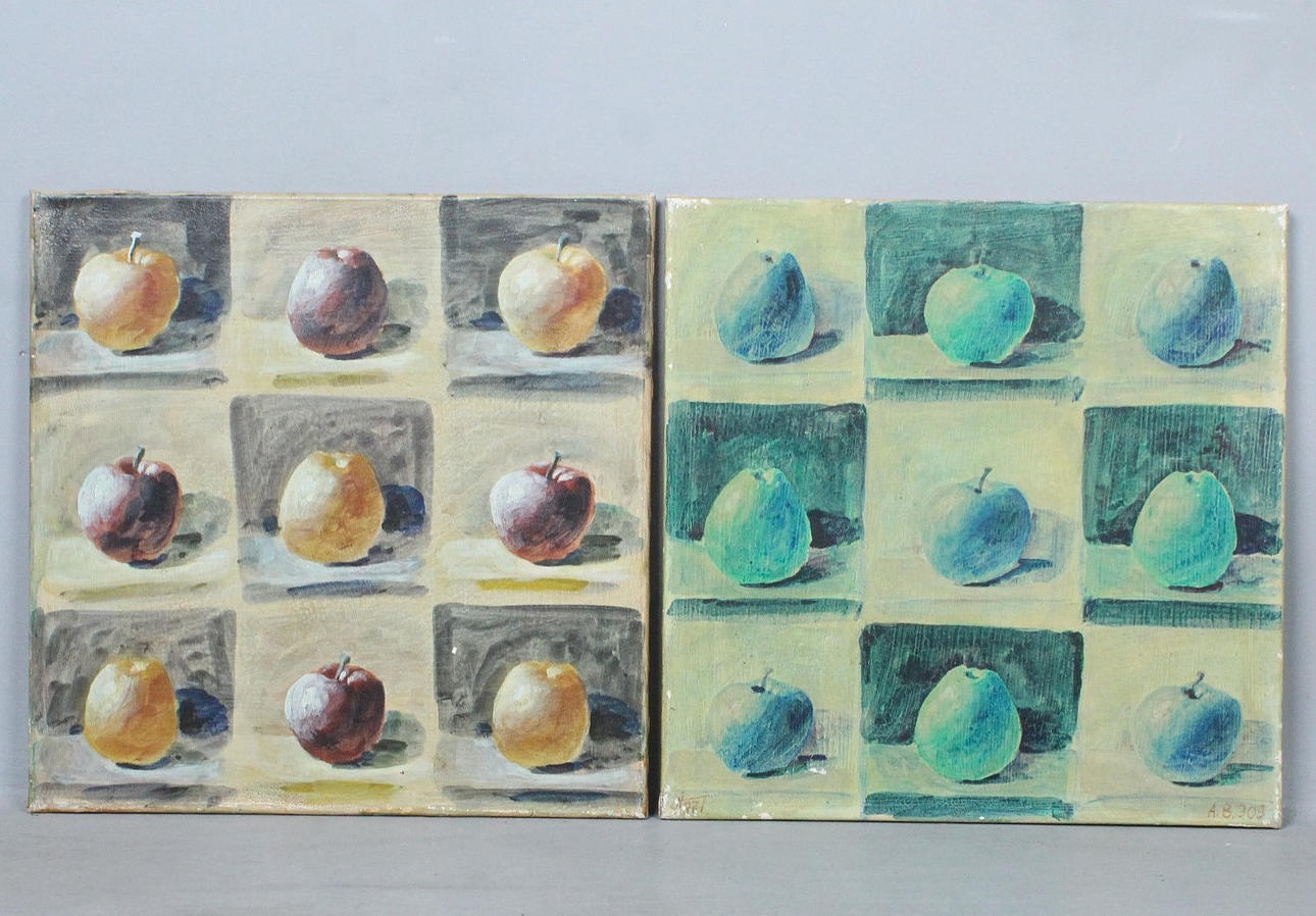 ANDREAS SCHILLER. (bk). 'Äpfel', Diptychon, Lasurmalerei.