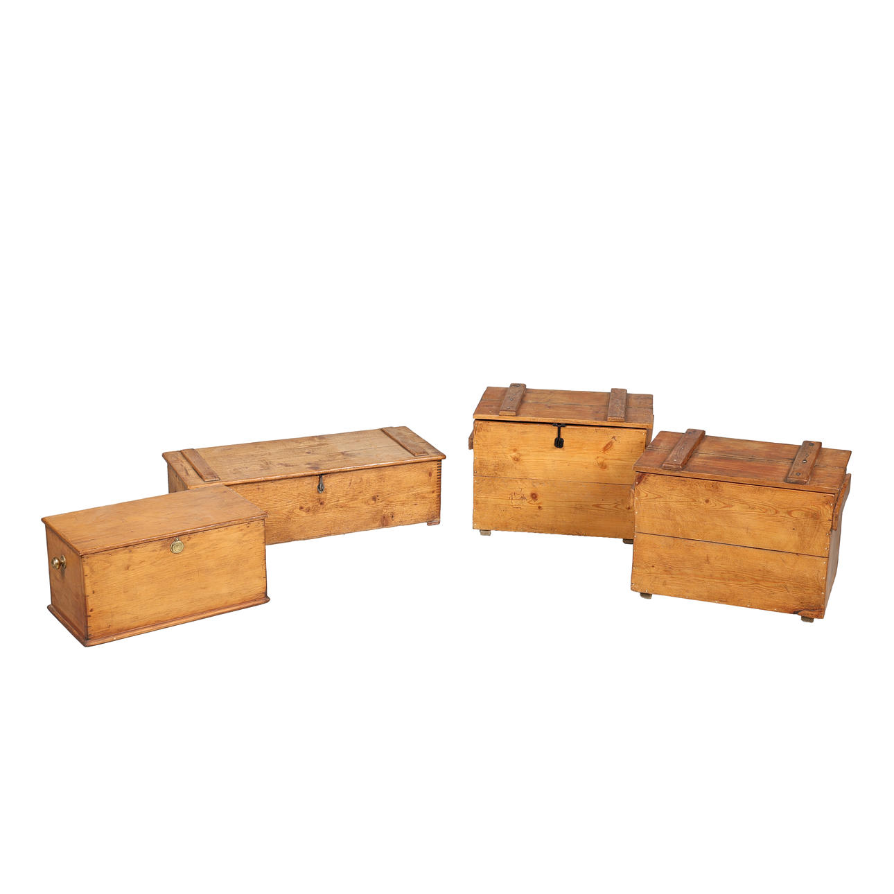 A PINE TOOLBOX, THREE PINE STORAGE BOXES/COFFERS (4).
