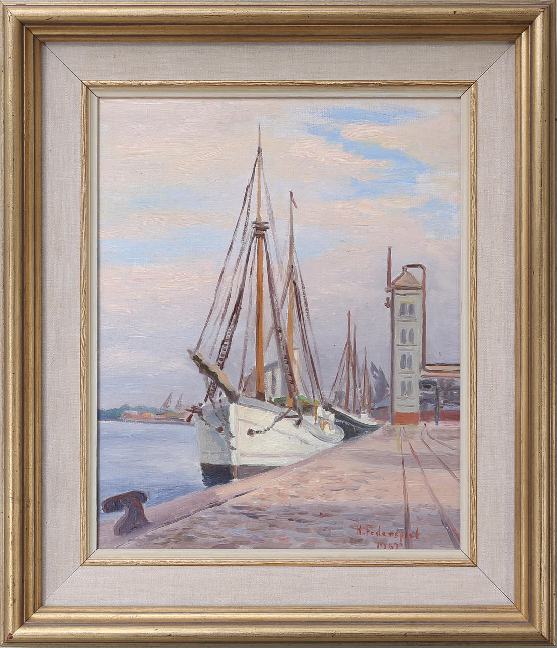 KAI FEDERSPIEL. Skepp i hamn, olja på duk, signerad och daterad 1952.