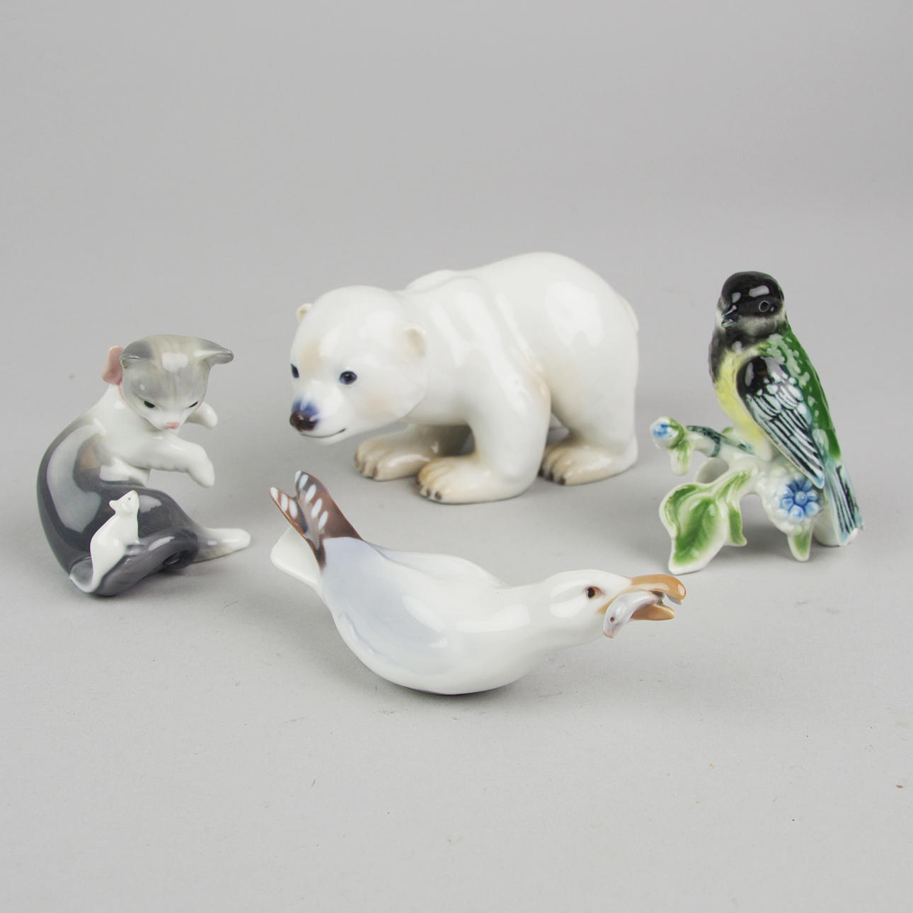 FIGURINE, 4 stycken, djur, 2 Bing & Gröndal, Bavaria samt Lladro.