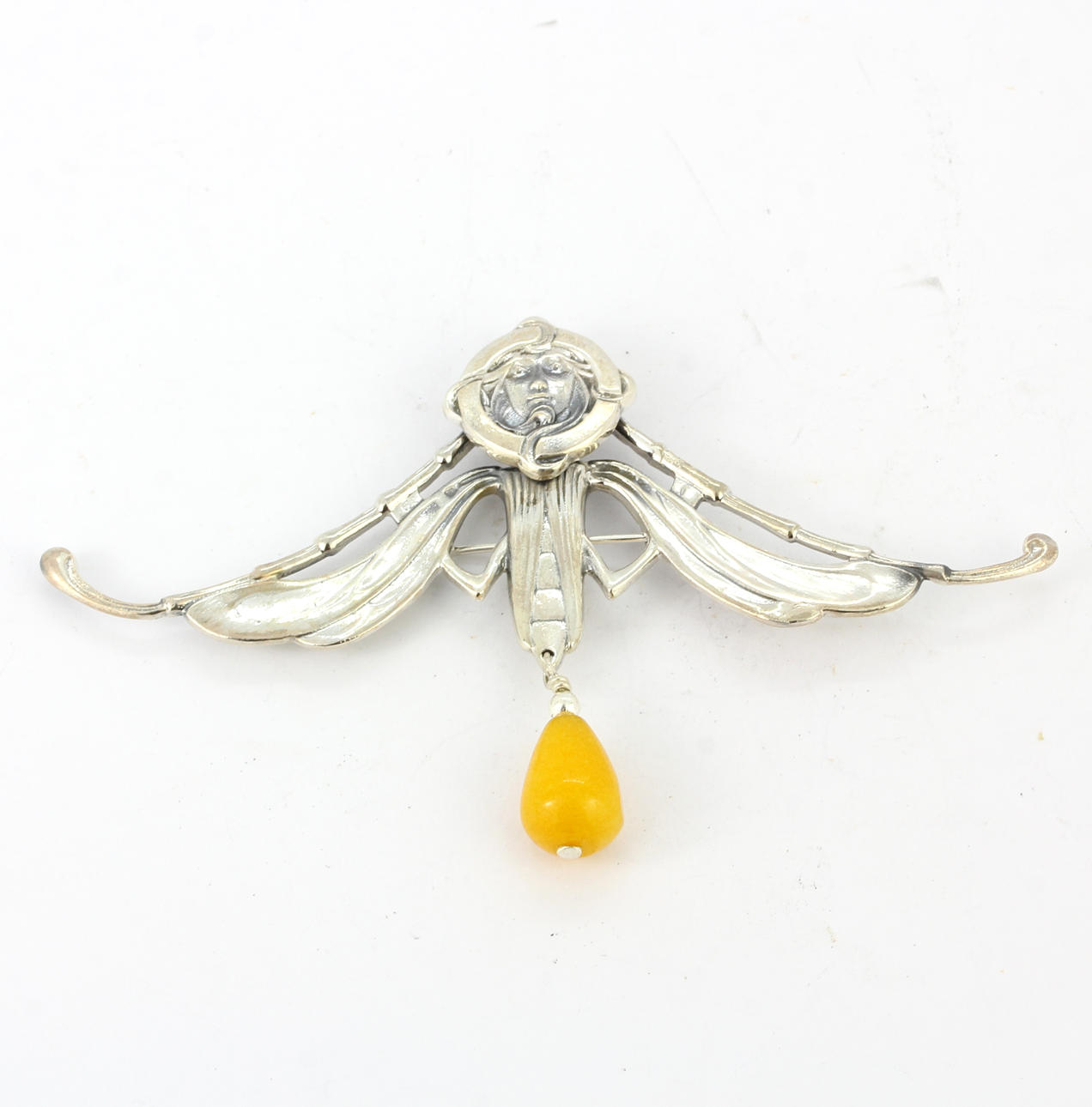 STOR JUGENDSTIL SILVER OCH BÄRNSTEN BROSCH.