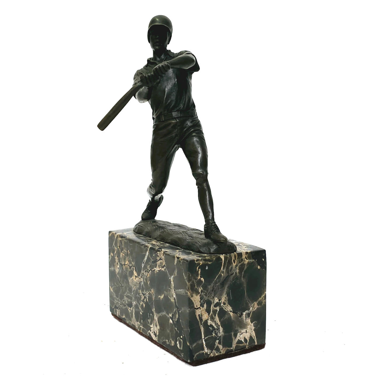 BRONZE BASEBALL PLAYER SCULPTURE WITH MARBLE BASE.