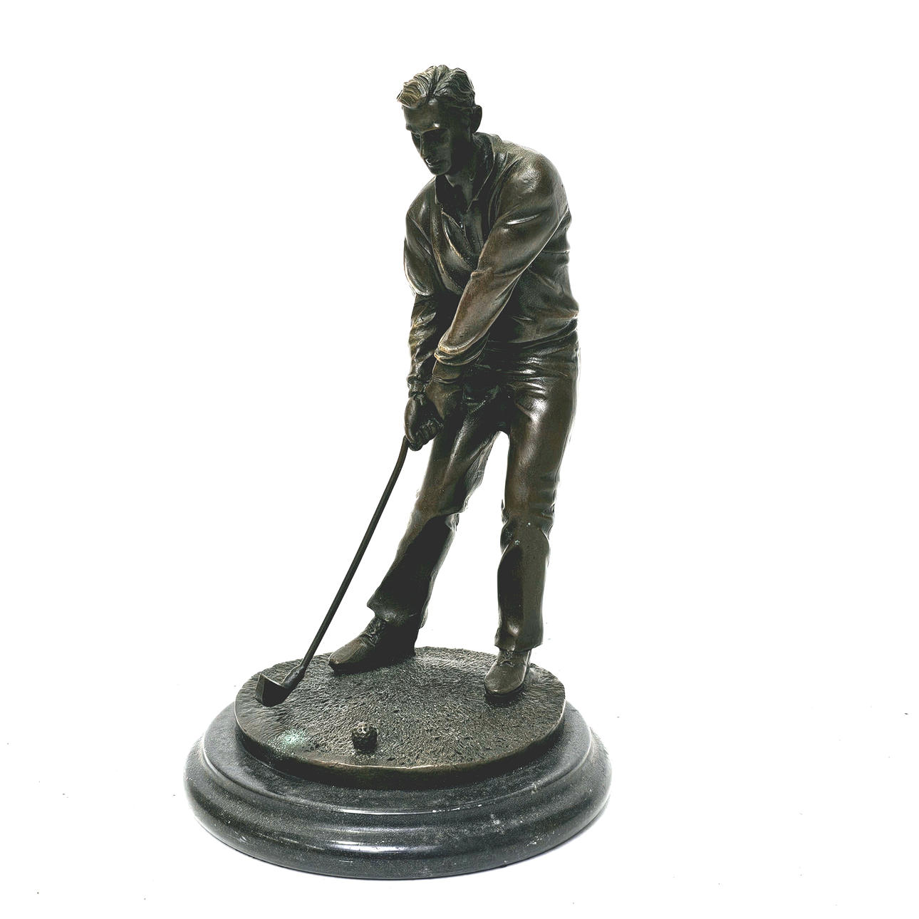 BRONS GOLFARE FIGUR MED SVART MARMORBAS.