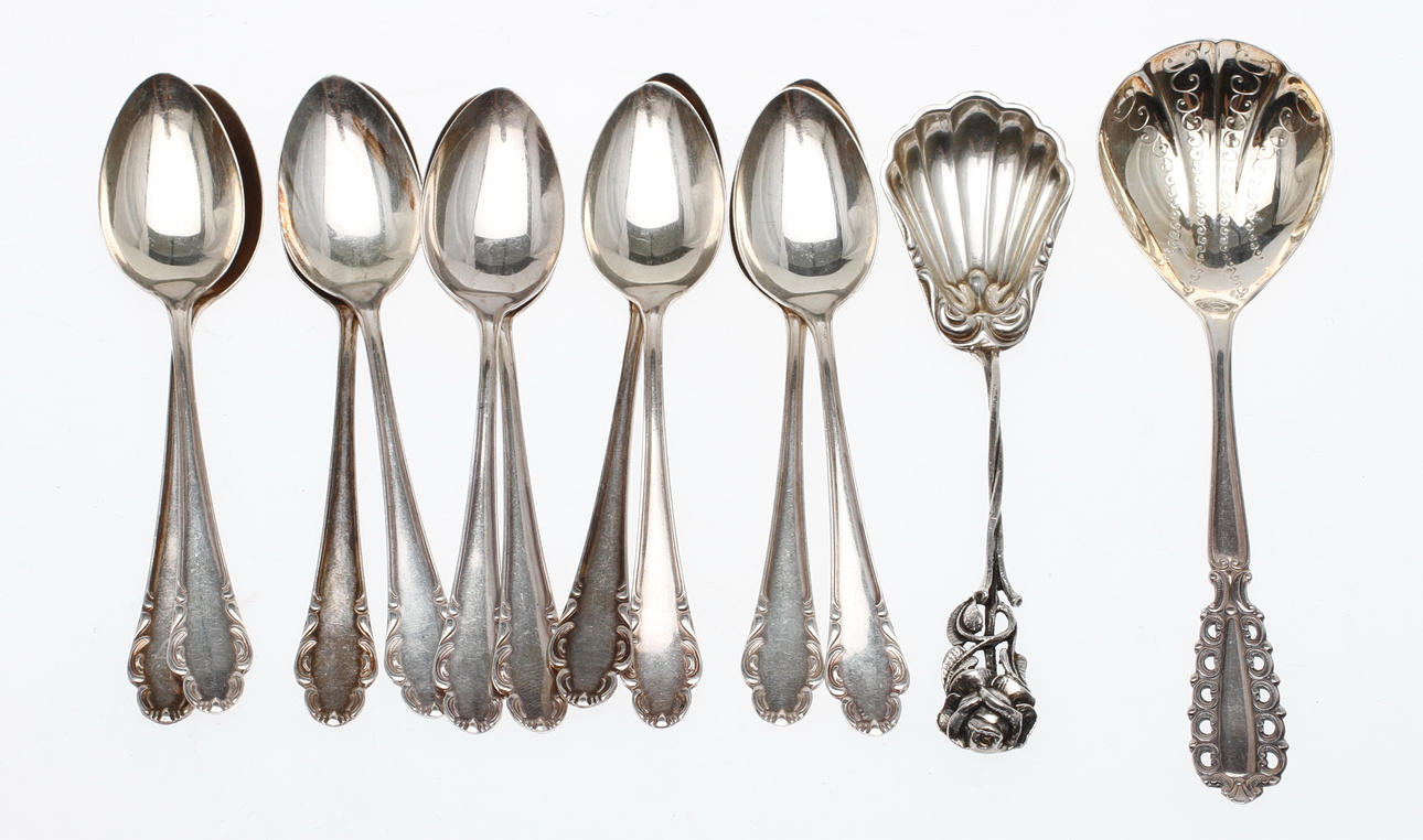 KAFFESKEDAR, 10 st, "Haga", samt SKEDAR, 2 st, silver, vikt 180g.