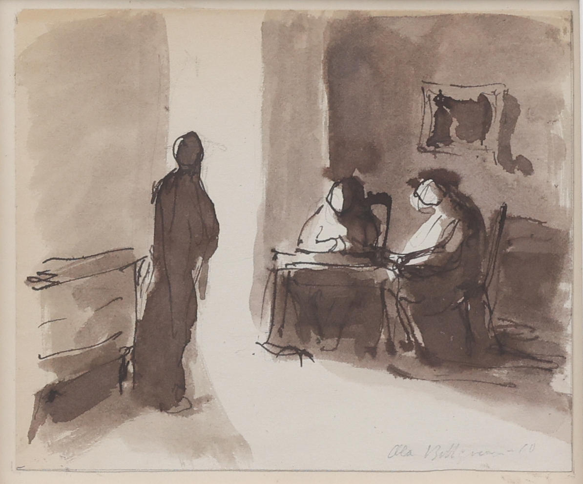 OLA BILLGREN. Interior with people, watercolor, signed and dated -60.