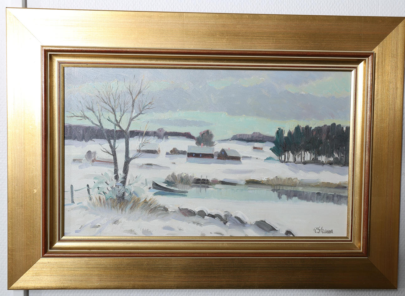 ESKIL SKANS. Olja på pannå, Vinterlandskap, signerad E Skans.