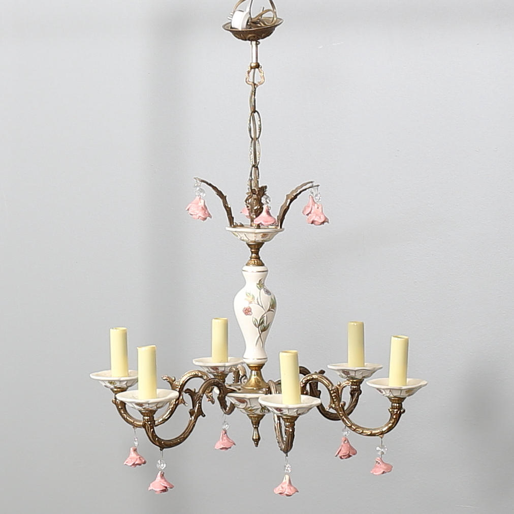 TAKKRONA, 6 st ljusarmar, majolika, 1900-tal.