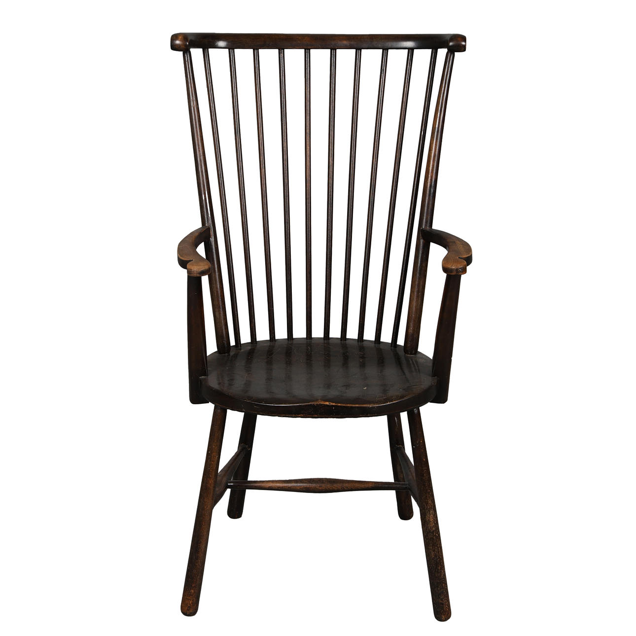 A 20TH CENTURY STAINED BEECH COMB BACK WINDSOR ARMCHAIR.