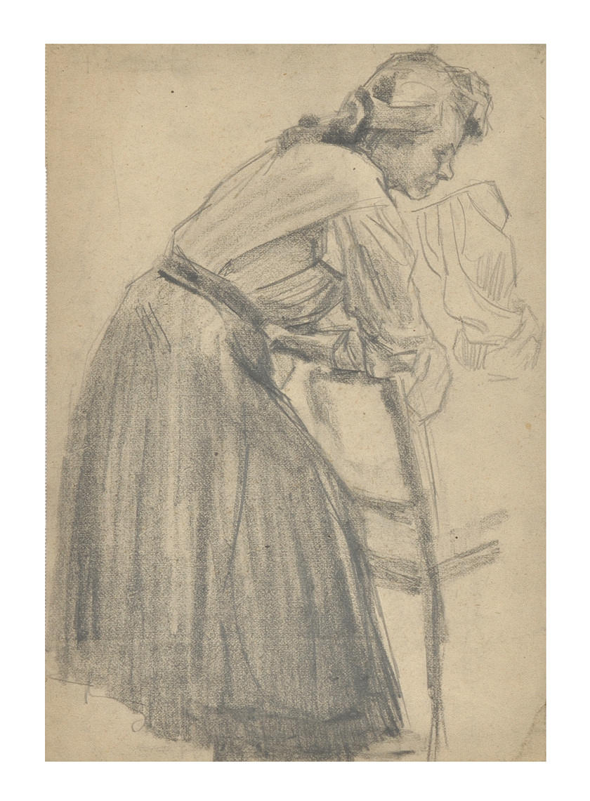 FRITZ MEHNERT. Studie av en ung kvinna som lutar sig på en stol.