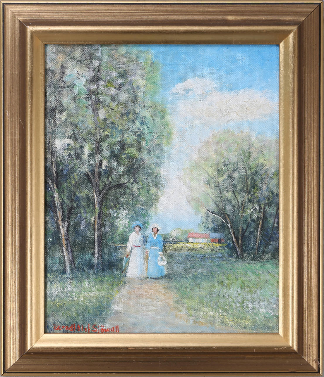 BERNDT OLOF SJÖWALL. "Vårpromenad", olja på duk, signerad.