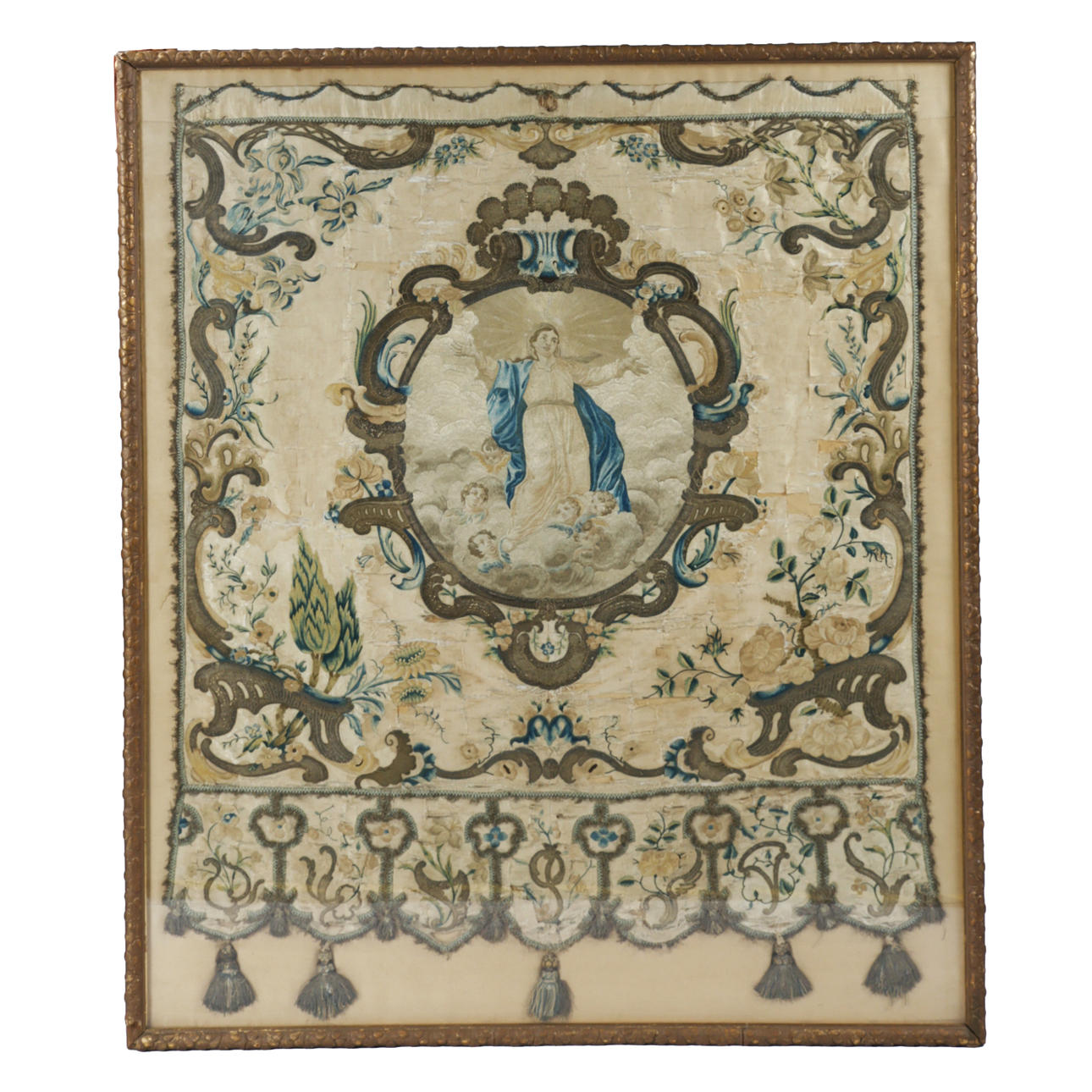 A LARGE 18TH CENTURY ITALIAN ROCOCO SILKWORK EMBROIDERED PANEL.