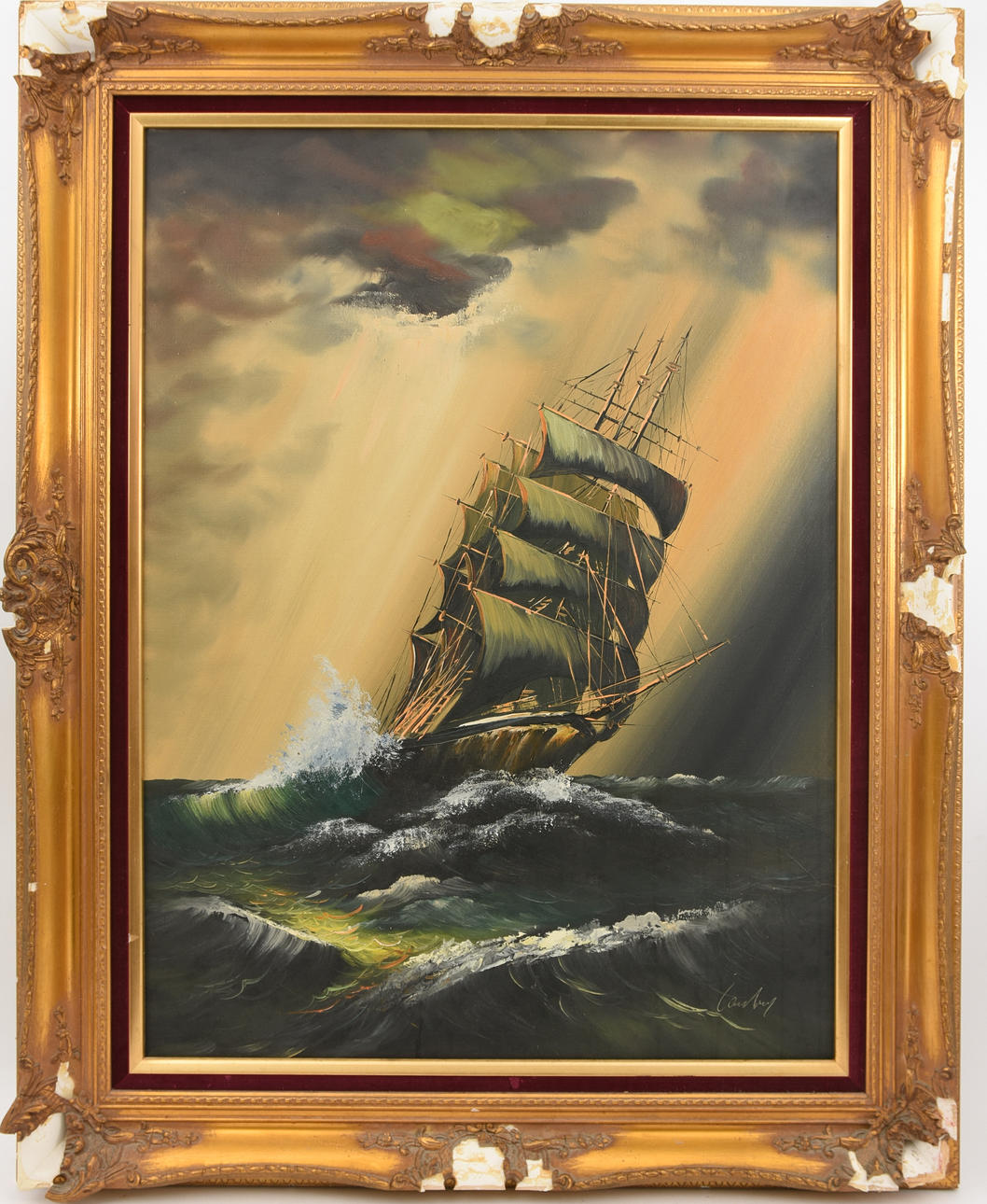 KÜNSTLER UNBEKANNT. ”Segelfartyg” akryl på duk, skylt., ej daterad.