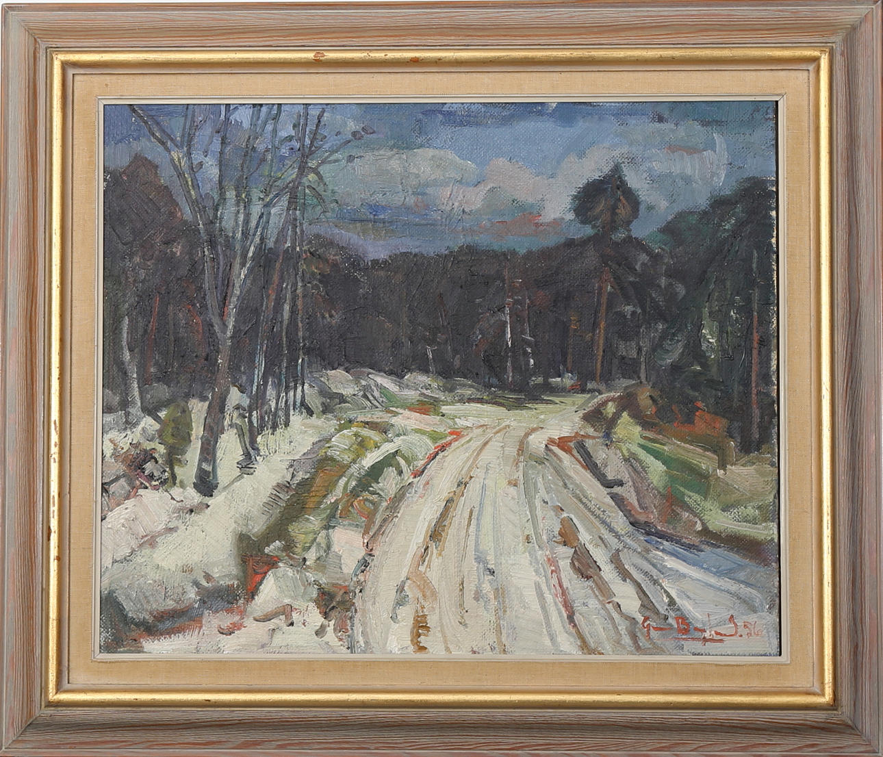GUNNAR BERGLUND. Skogsväg, olja på pannå, sigerad.