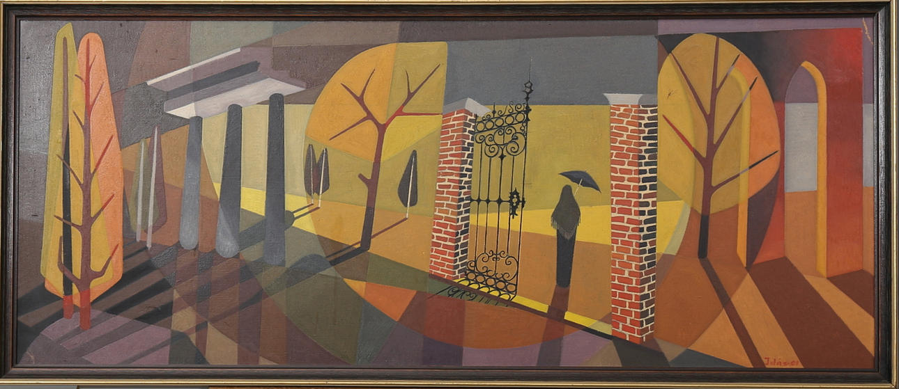 GÖSTA IDÅS. Kvinna med paraply, olja på pannå, signerad Idås och daterad -61.