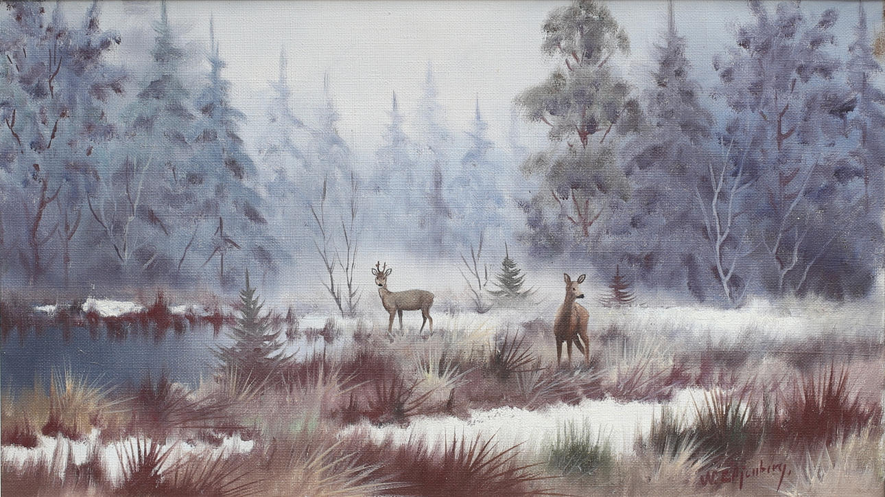 WALTER LILJENBERG. Skogsmotiv med rådjur. Olja på duk, signerad.