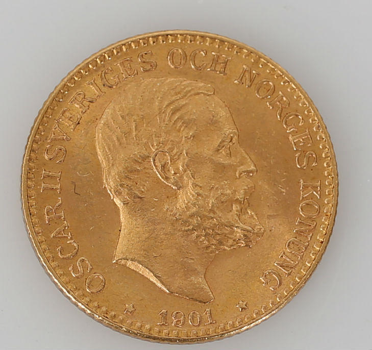 MYNT, guld, 10 kronor, Oscar II, Sverige, 1901, 4,5 gram.