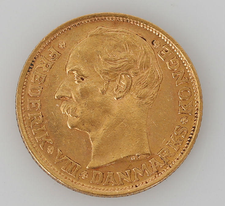 MYNT, guld, 10 kroner, Fredrik III, Danmark,1908, 4,5 gram.