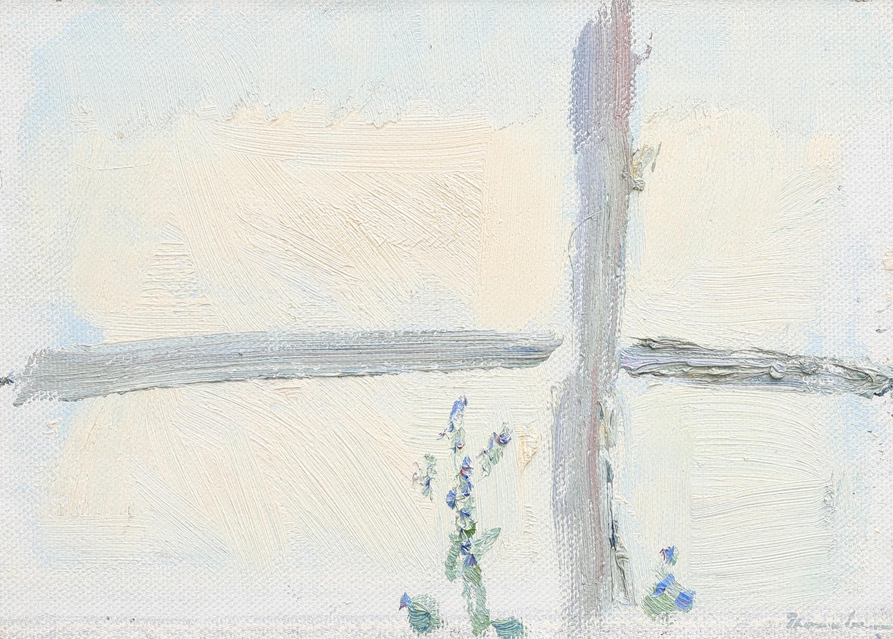 THOMAS LARSSON 1957-. OIL ON PANEL, “HALF-TIMBERED AND BLUE FIRE”, SIGNED.