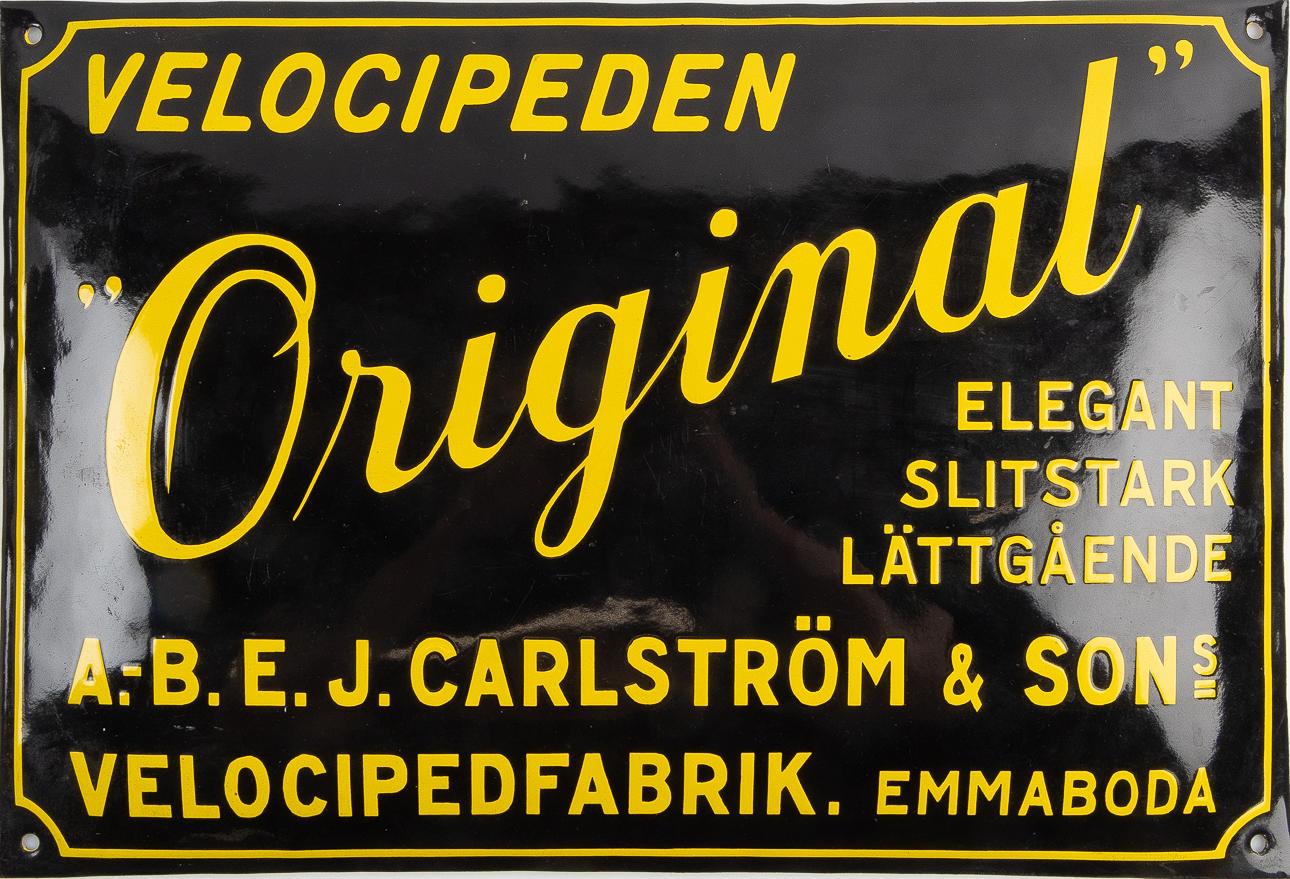 SKYLT, emalj, "Velocipeden Original...".