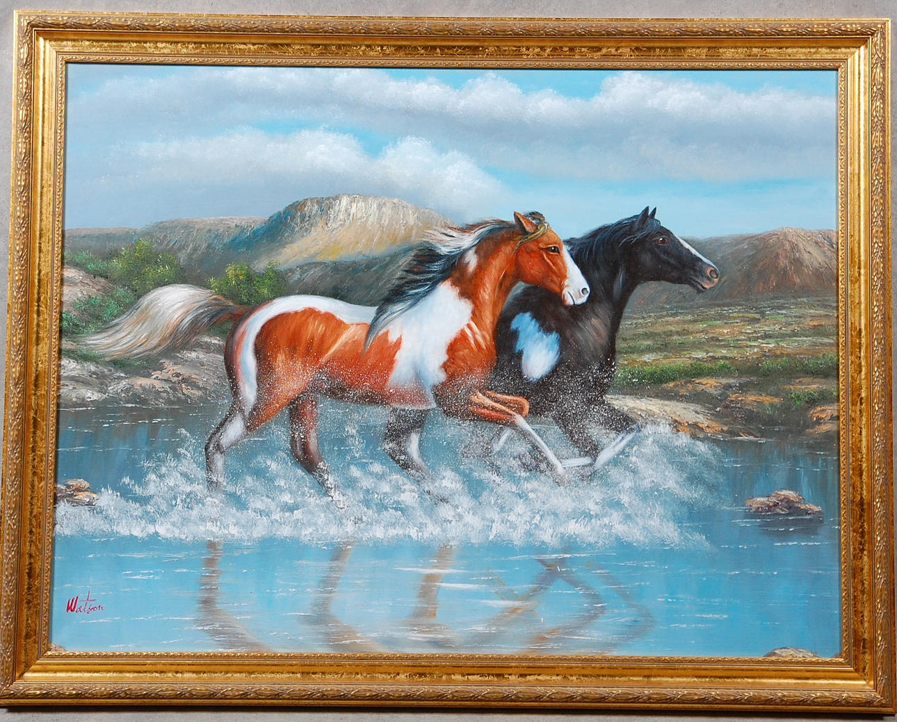 OIDENTIFIERAD KONSTNÄR. olja på duk, "Mustanger " signerad, Watson.
