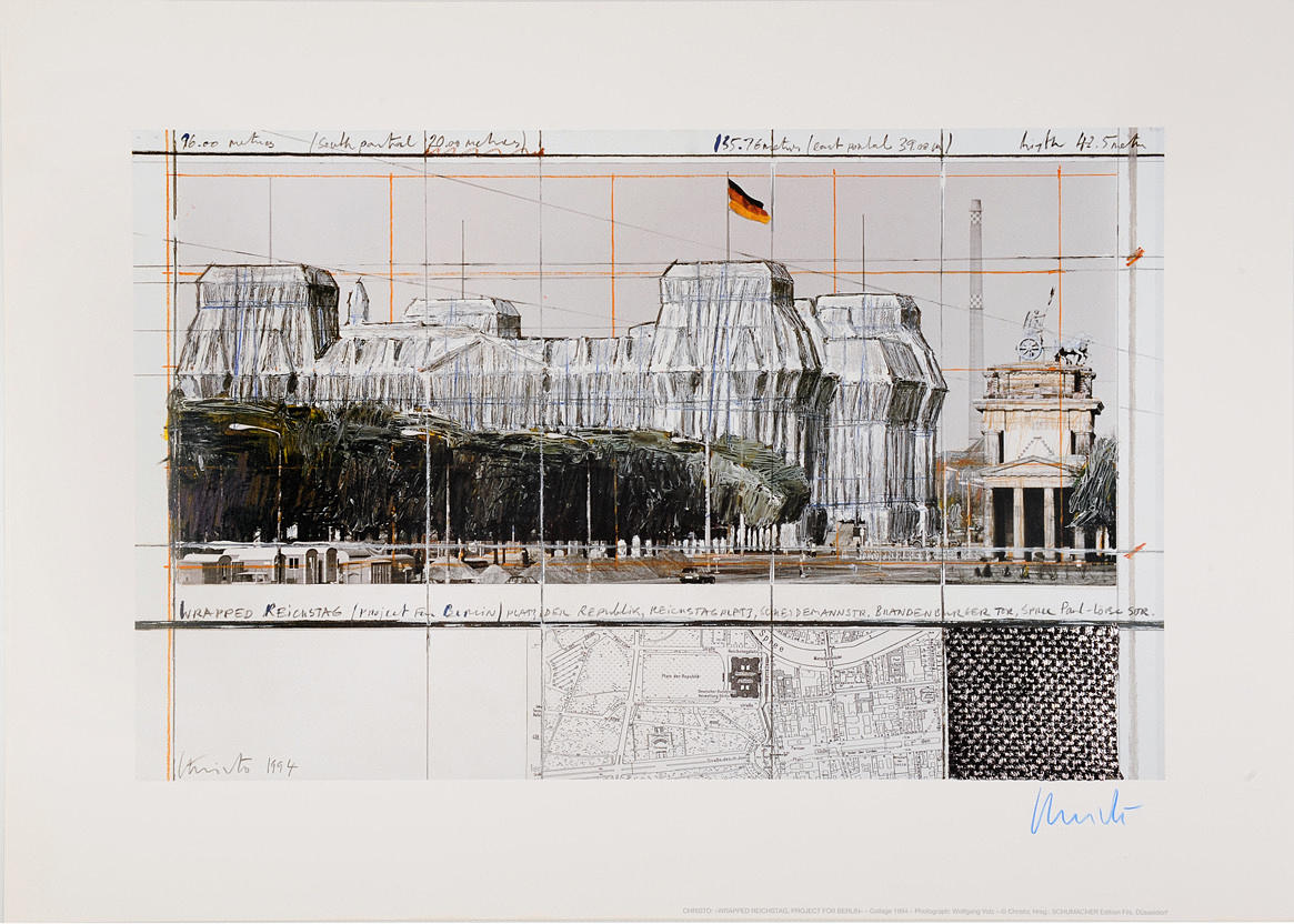 CHRISTO. Wrapped Reichstag, Projekt för Berlin. Collage 1994.