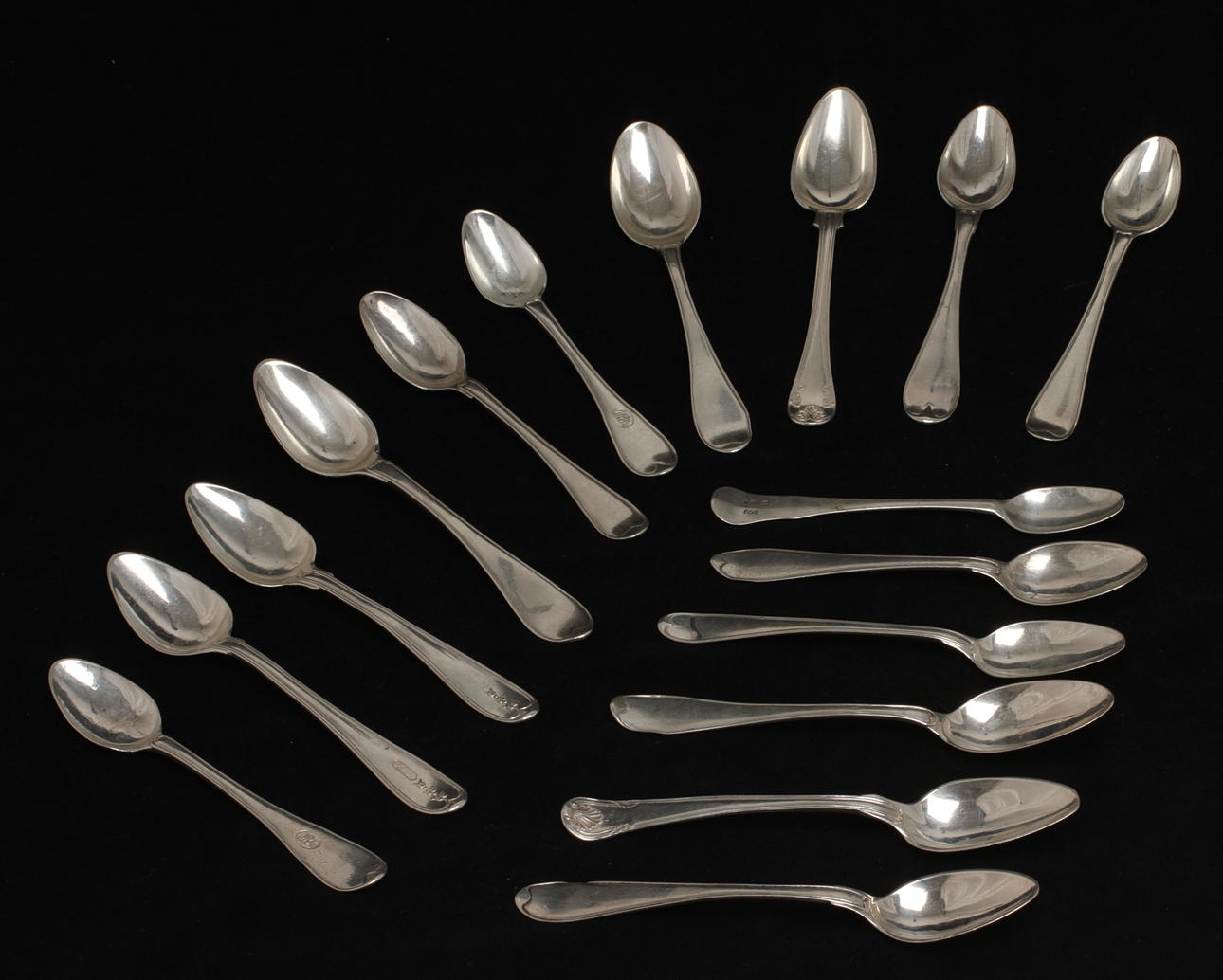 KAFFE/TESKEDAR, 16 st, silver, 17 och 1800-tal.