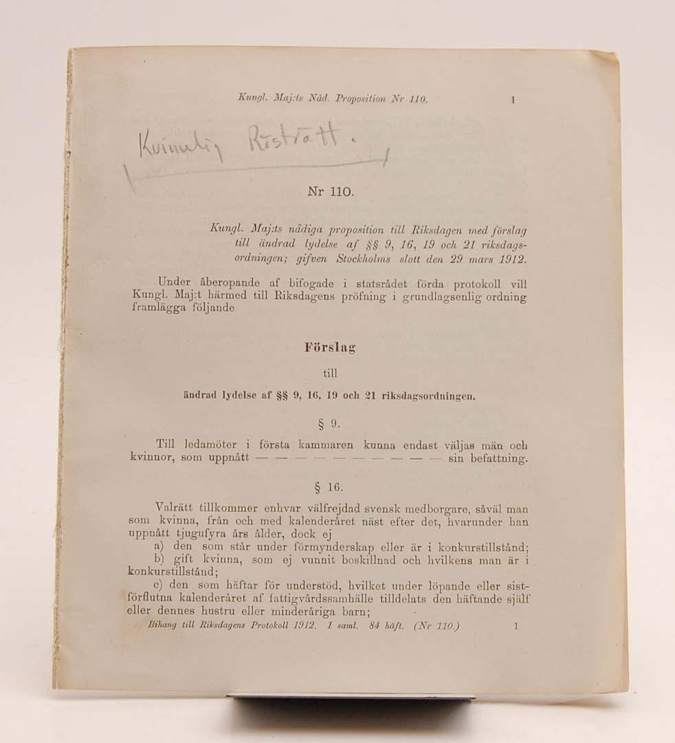 RÖSTRÄTTSFRÅGAN. Proposition nr 1912:110 angående kvinnlig rösträtt.