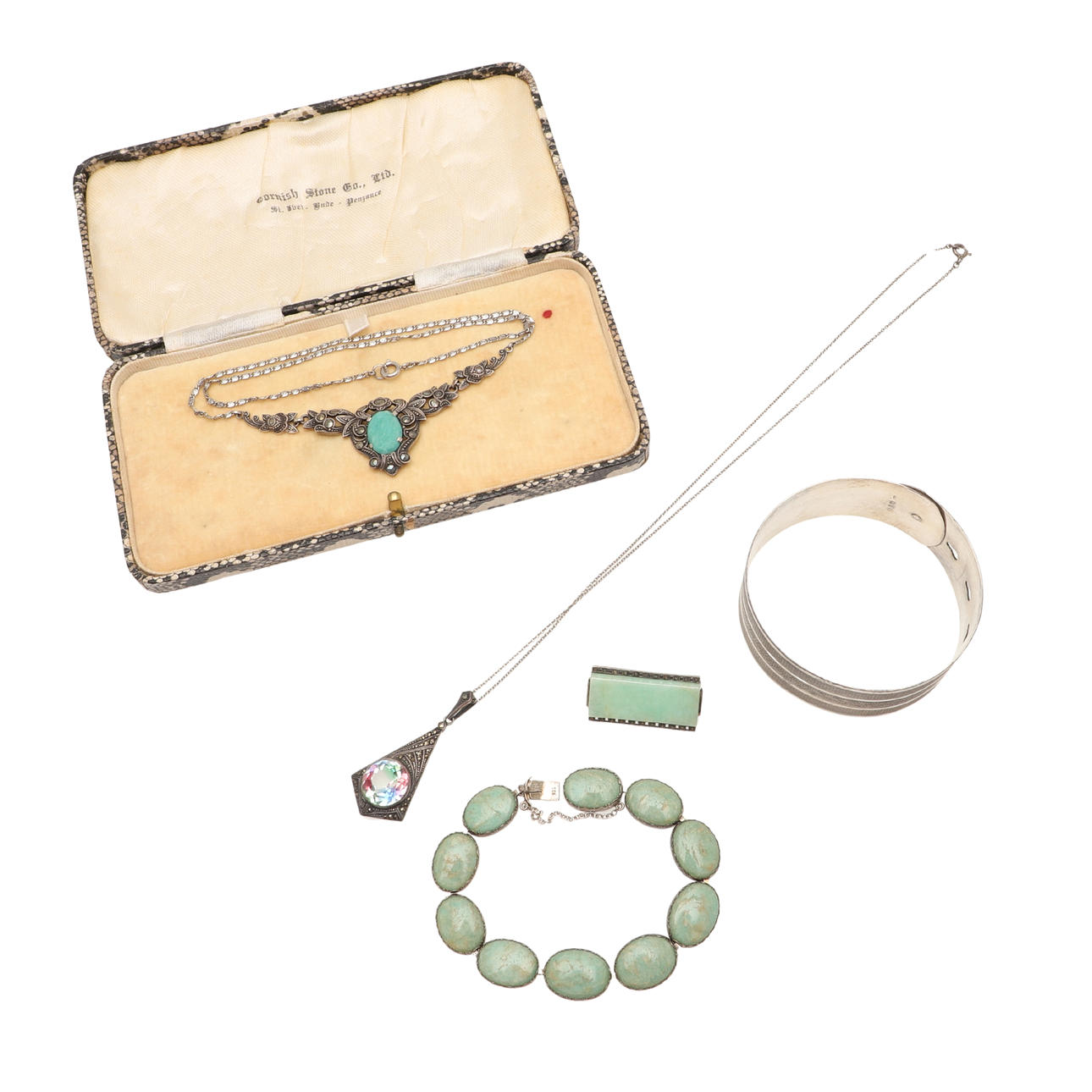 A 1940S SILVER BANGLE BY CHARLES HORNER ETC.