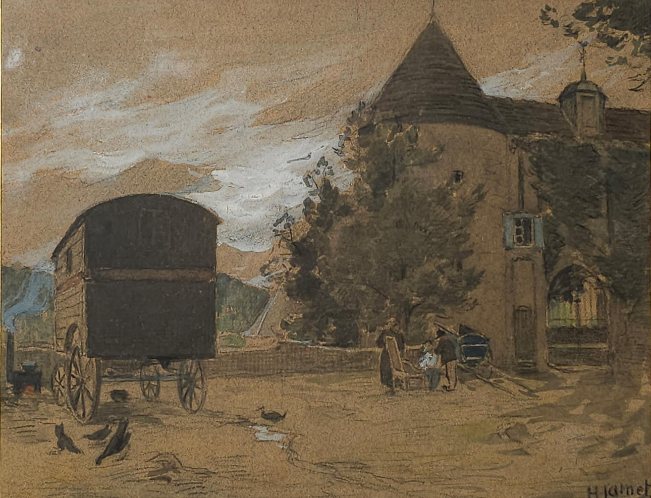 HENRI PIERRE JAMET (1858-1940) COLOR DRAWING ON PAPER, MANSION WITH CHARACTERS. 20TH CENTURY.