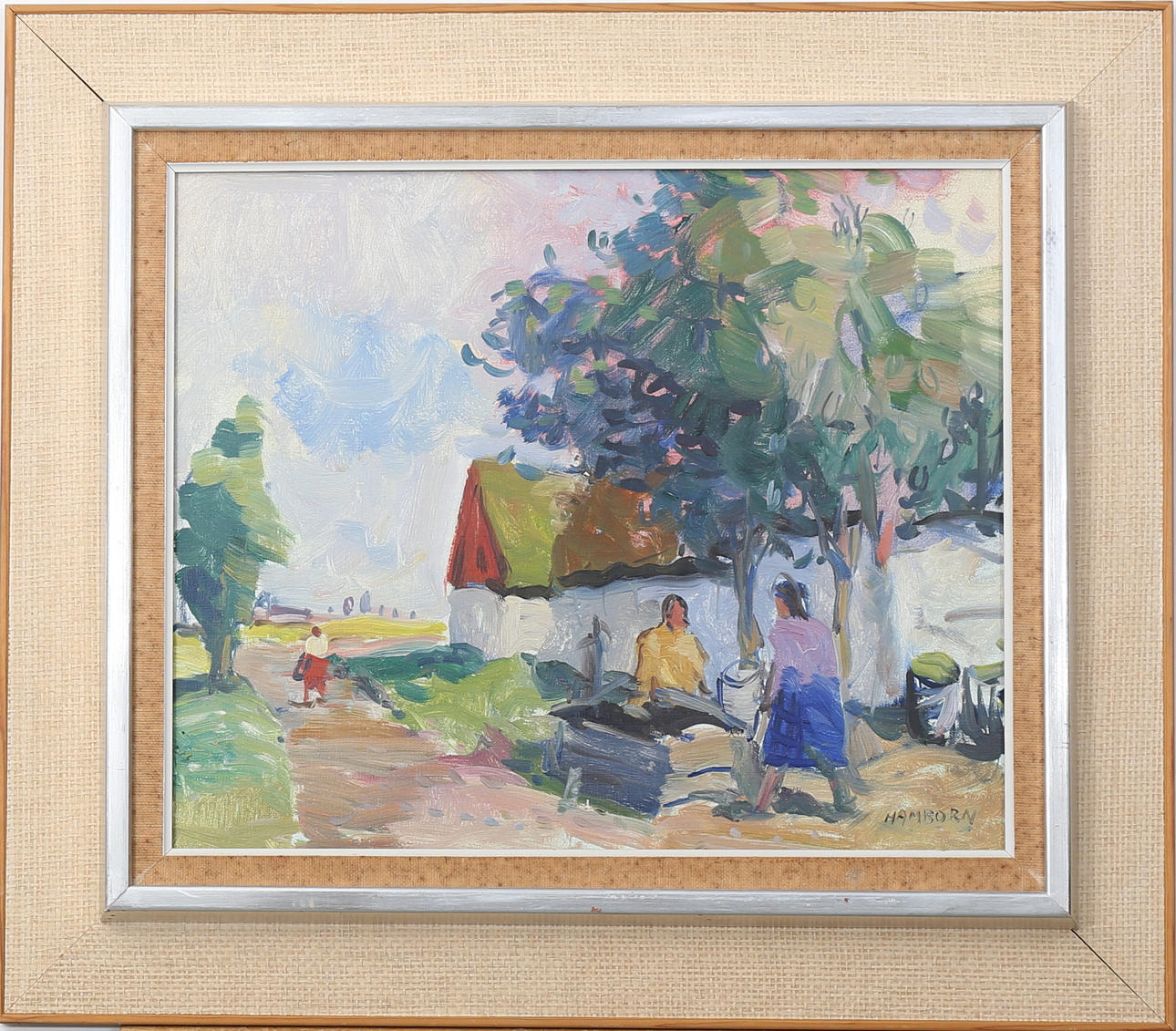 AXEL HAMBORN. Skånegård med människor, olja på duk, signerad Hamborn.