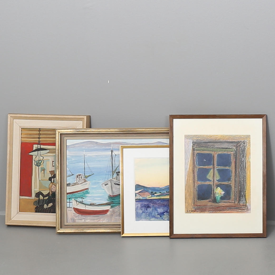 PARTI TAVLOR, 4 st, olika motiv och media, signerade bl a Georg etc.