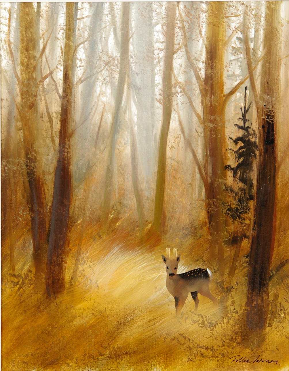 FOLKE LARSSON. Rådjur i skogslandskap, olja på duk, signerad.