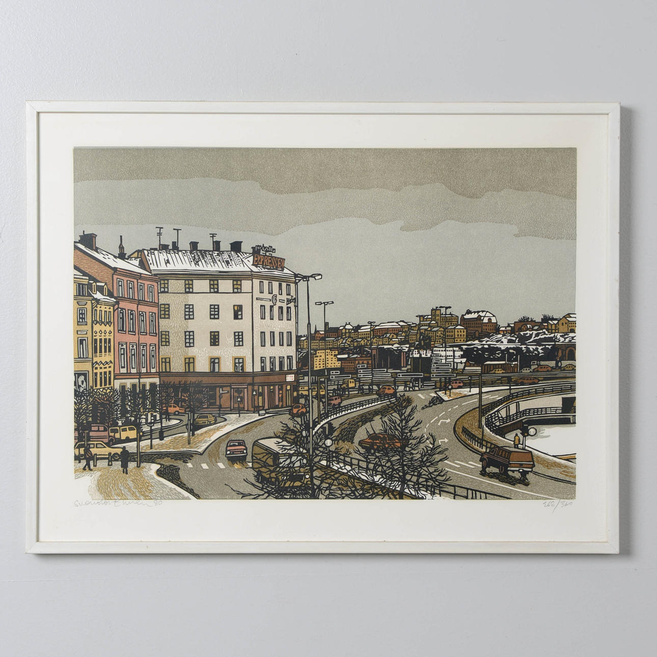 SVENOLOV EHRÉN. View of the South from Gamla Stan, colour lithograph, signed and numbered.
