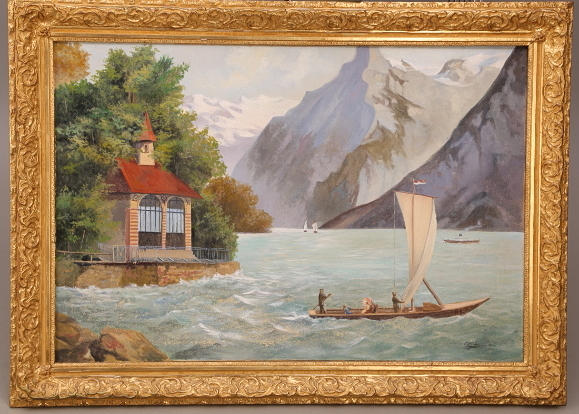 OIDENTIFIERAD KONSTNÄR. sjömotiv Alperna, olja duk, signerad och daterad 1954.