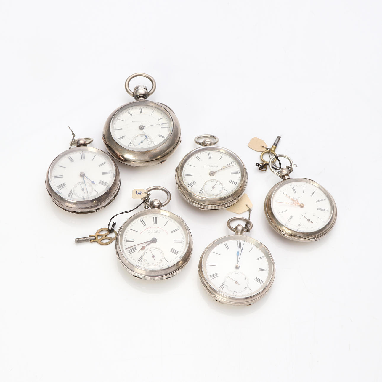 POCKET WATCH, SIX PCS. Silver and metal.