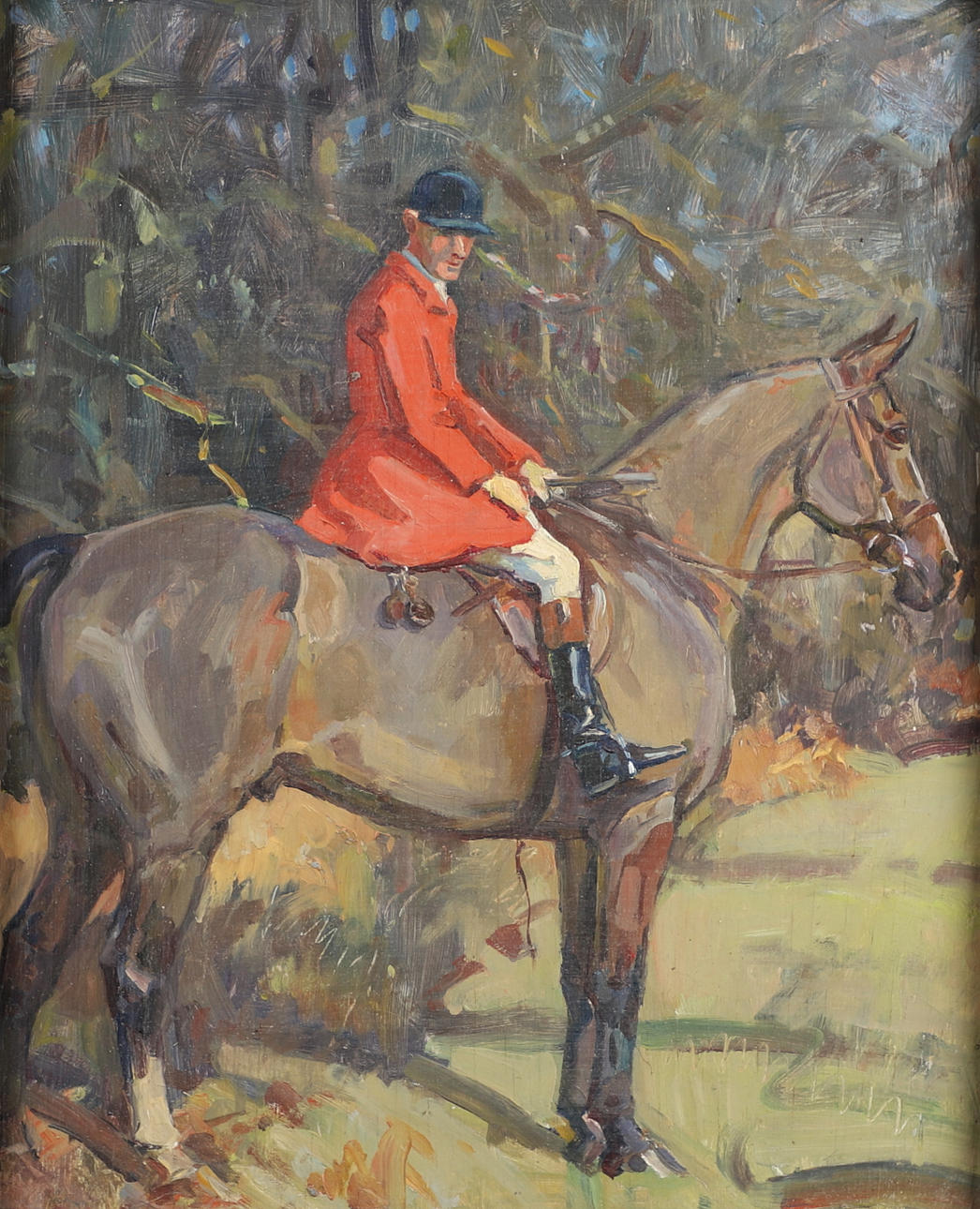 PETER BIEGEL (1913-1988). PORTRAIT OF HARRY COLBECK, PORTMAN HUNT WHIPPER IN, UPON A BAY HUNTER.